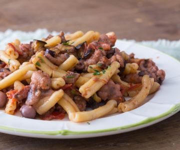 Casarecce pasta with musky octopus and eggplant